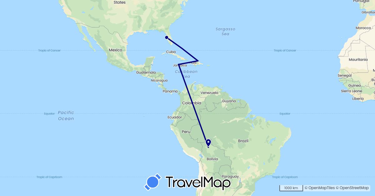 TravelMap itinerary: driving in Bolivia, Dominican Republic, Jamaica, United States (North America, South America)